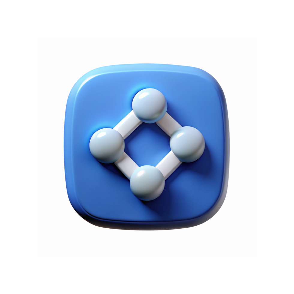 3D Blue Square Icon with White Geometric Structure and Spheres Symbolizing Technology or Networking png