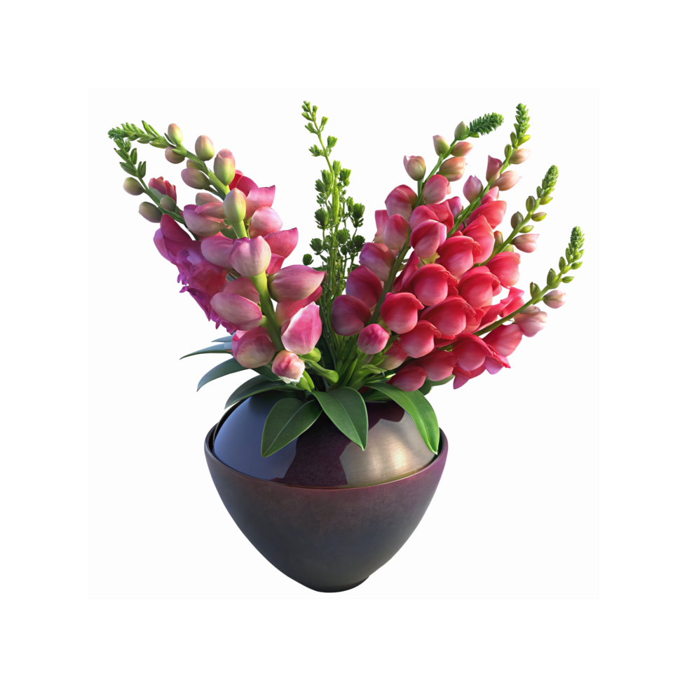 Elegant Pink Snapdragon Flowers in Glossy Dark Purple Ceramic Vase with Green Leaves and Buds png