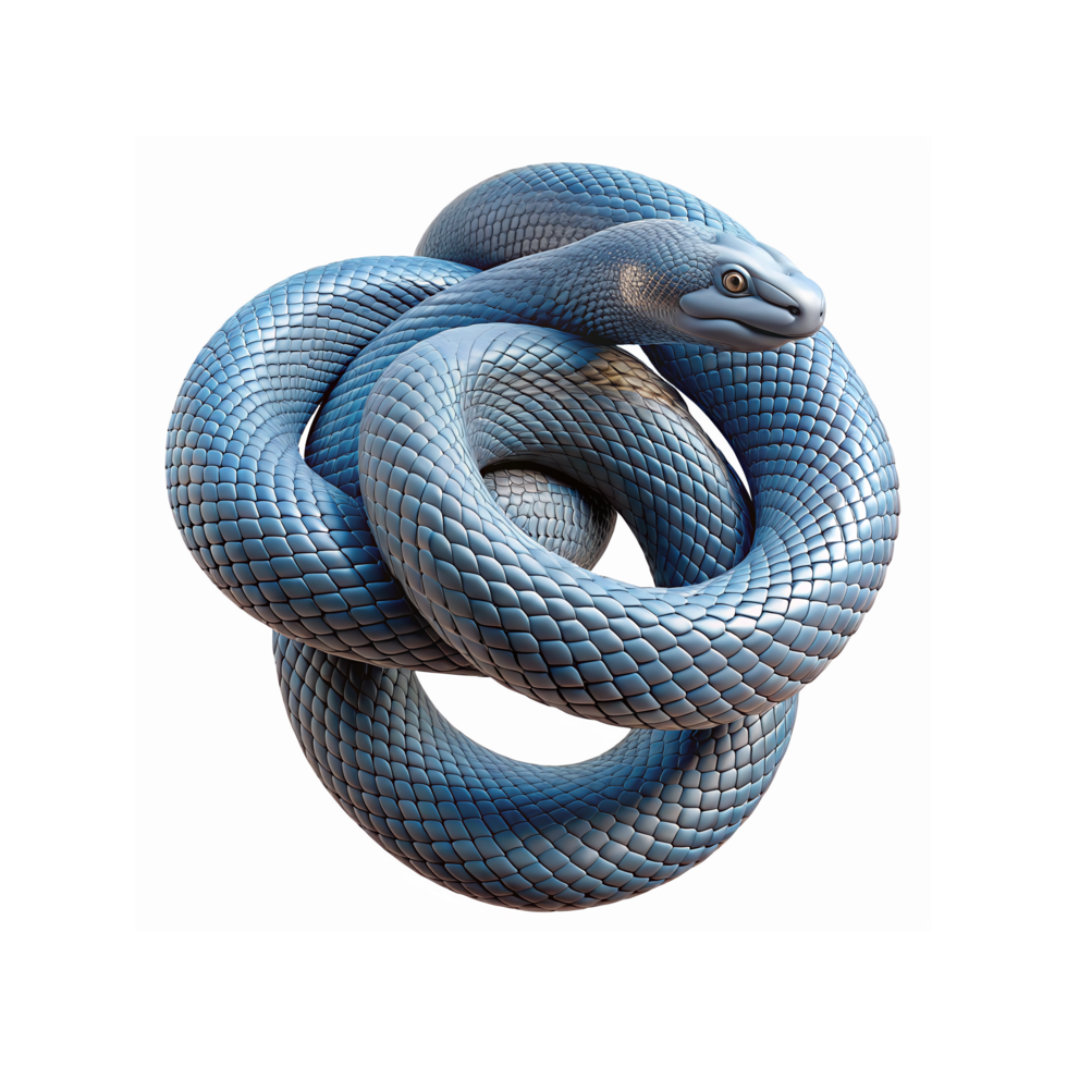 Blue Coiled Snake with Glossy Scales Twisted in Knotted Shape on Transparent Background png
