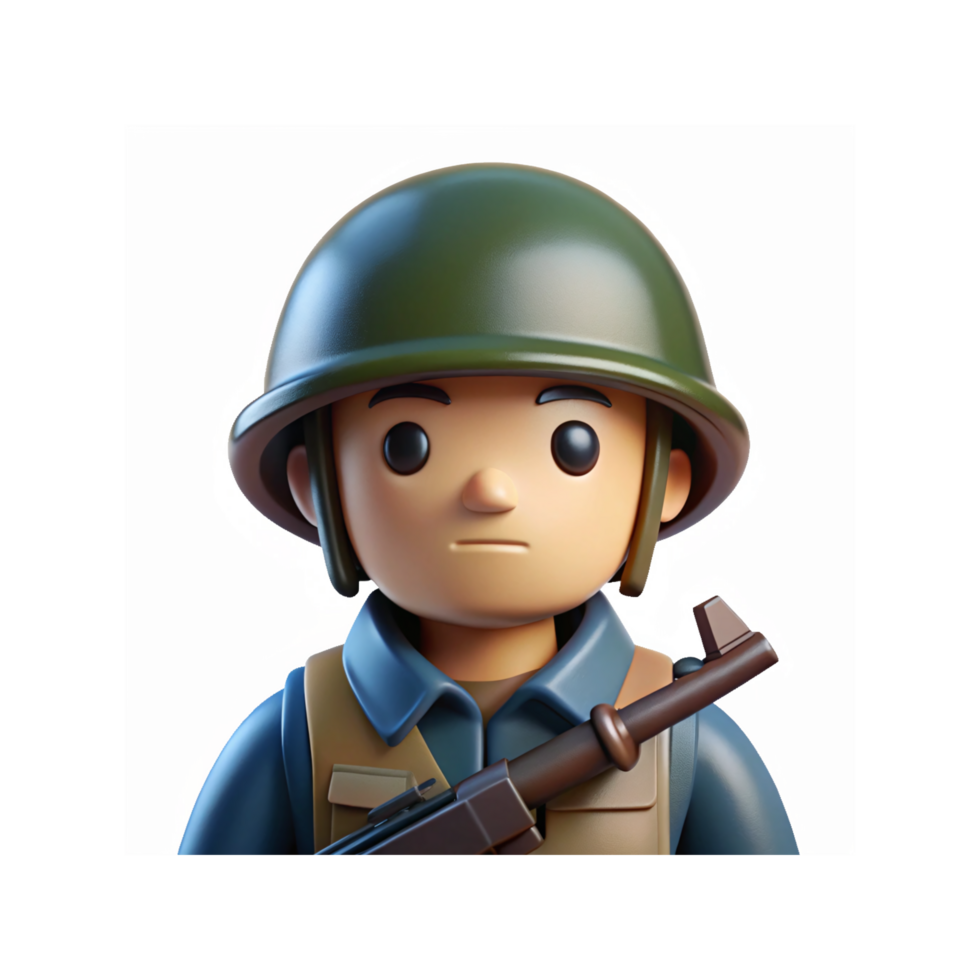3D Illustration of Cartoon Soldier in Green Helmet with Rifle and Blue Uniform on Transparent Background png