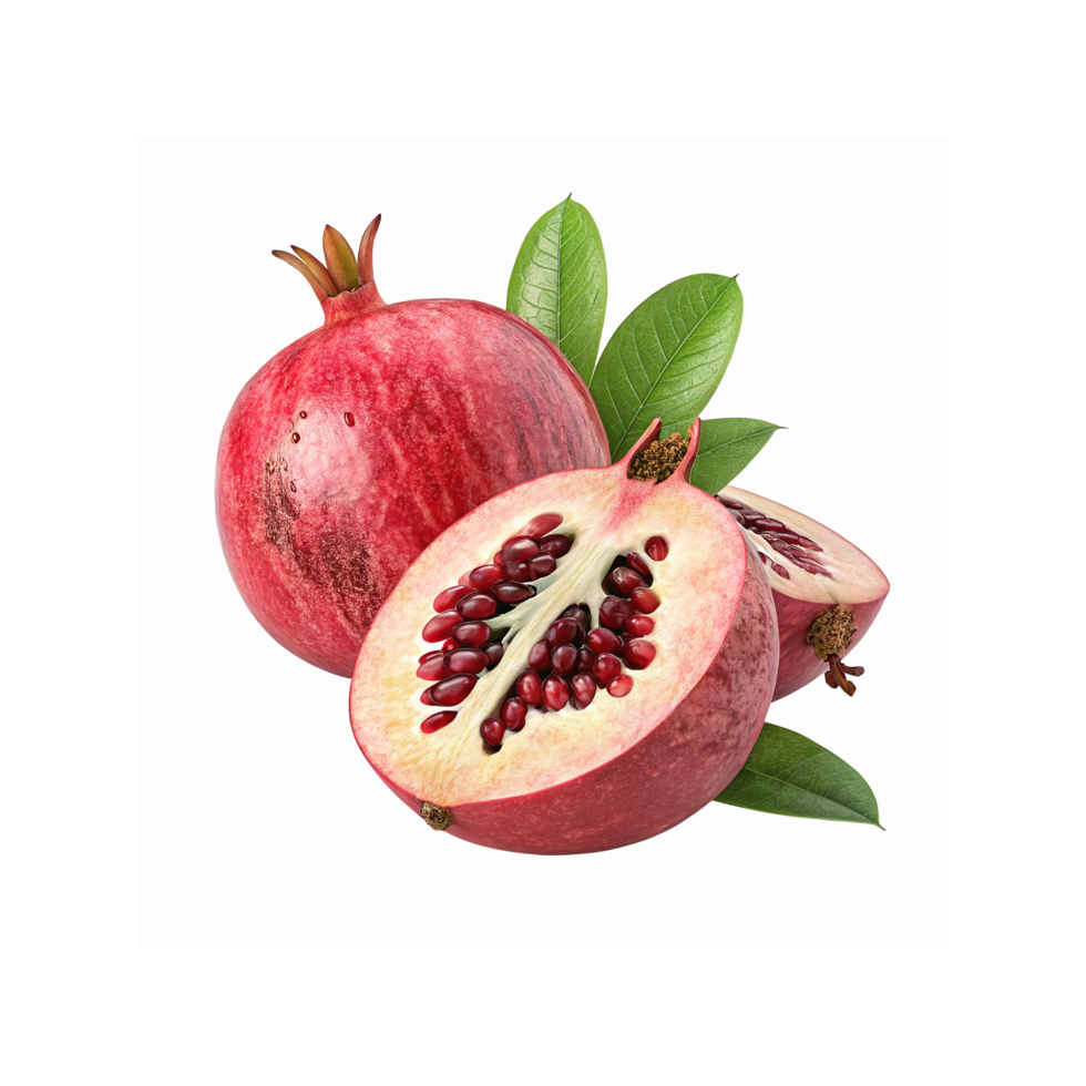 Fresh Ripe Red Pomegranates with Glossy Green Leaves and Juicy Open Seeds on Transparent Background png