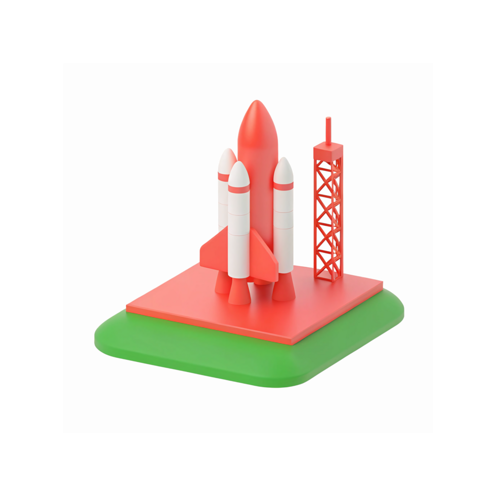 3D Rocket Launch Pad with Red and White Spacecraft and Tower on Green Platform png