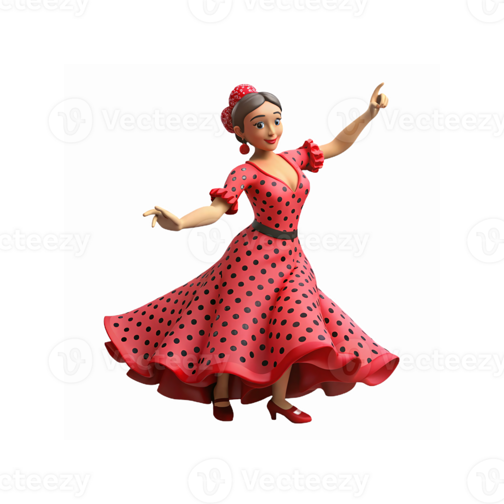 Flamenco Dancer in Red Polka Dot Dress Twirling Gracefully on Transparent Background for Cultural Themes png