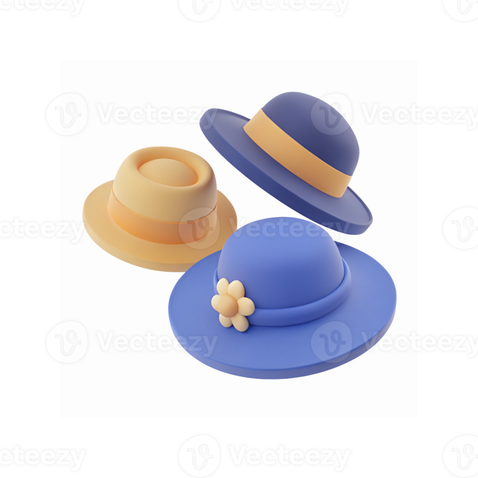 3D Render of Elegant Blue and Beige Hats with Flower Detail and Clean Transparent Background for Fashion Design png