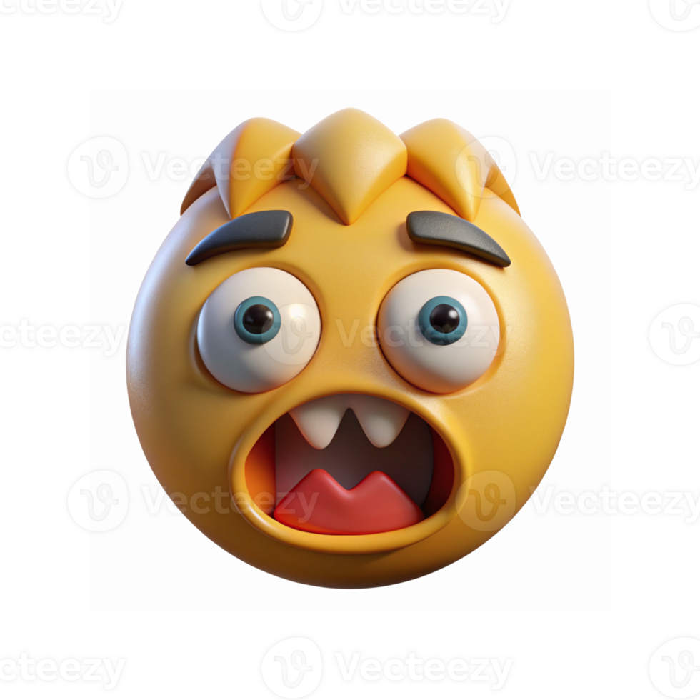 Yellow Cartoon Emoji With Shocked Expression Blue Eyes Raised Eyebrows Open Mouth Sharp Teeth 3D Illustration png