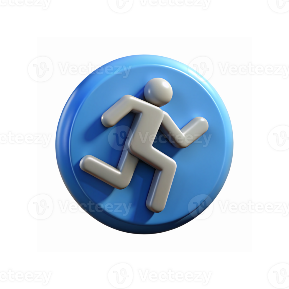 3D Blue Circular Button Icon Featuring Running Figure for Navigation and Fitness Concepts png