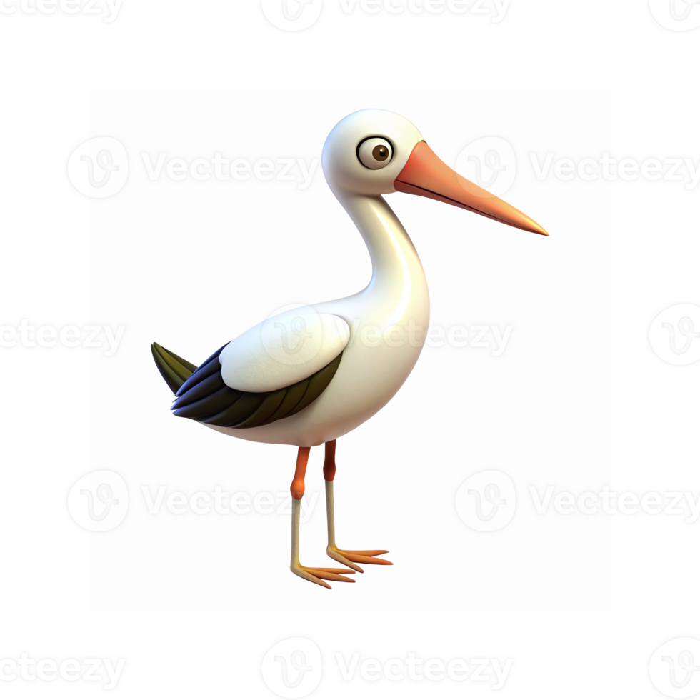 Cartoon White Stork Bird Illustration with Orange Beak and Legs on Transparent Background png