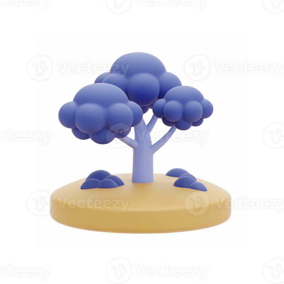 3D Blue Cartoon Tree Illustration with Yellow Circular Base on Transparent Background for Design Projects png