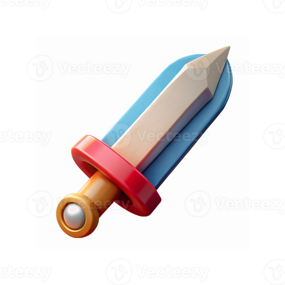 3D Cartoon Sword with Red Guard Blue Blade and Gold Handle on Transparent Background for Digital Design png