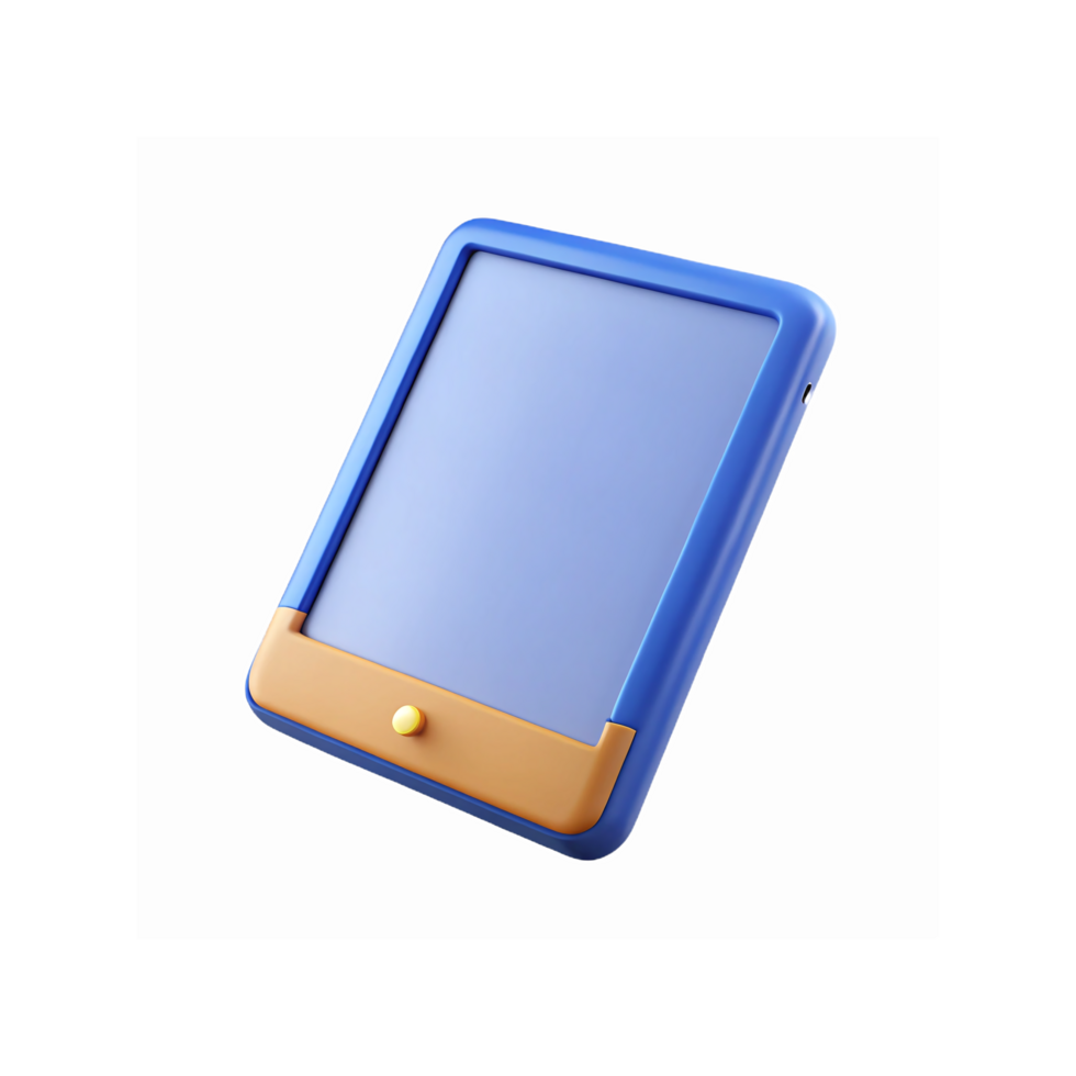 Blue Handheld Magnetic Drawing Board Toy with Orange Base and Yellow Knob for Kids and Learning Activities png