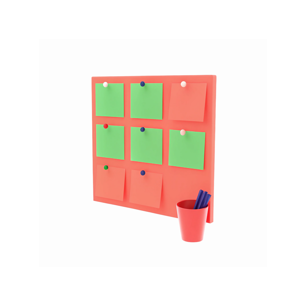 Colorful Pinboard Organizer with Green and Orange Sticky Notes and Red Cup on Transparent Background png