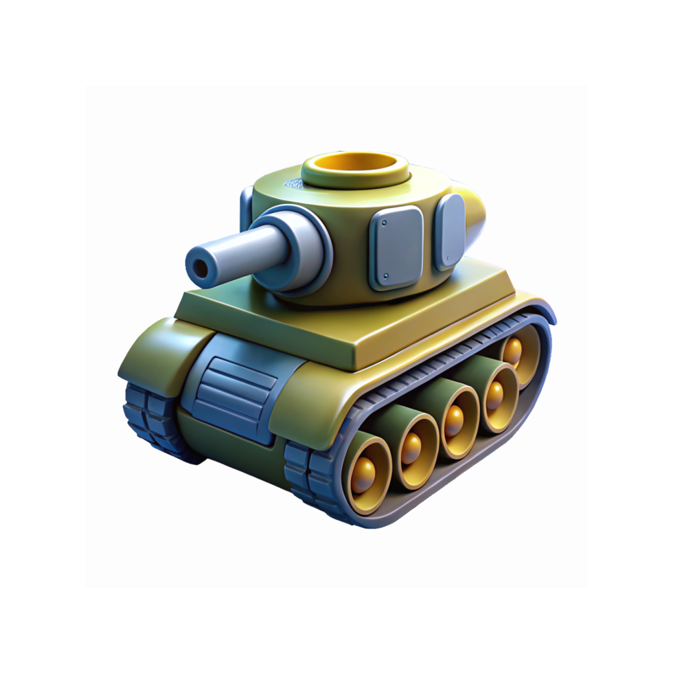 Yellow And Green Cartoon Style Toy Tank With Rotating Gun And Detailed Tracks On Transparent Background png