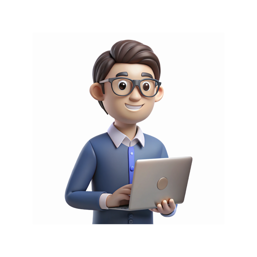 Smiling Male Character Wearing Glasses Holding Laptop for Business and Education Concepts png
