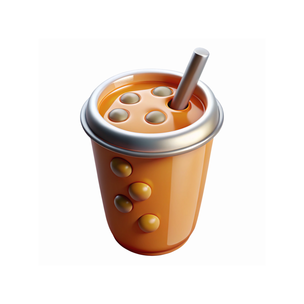 Bright Orange Bubble Tea Cup with Metallic Lid and Straw Featuring Tapioca Pearls on Transparent Background png