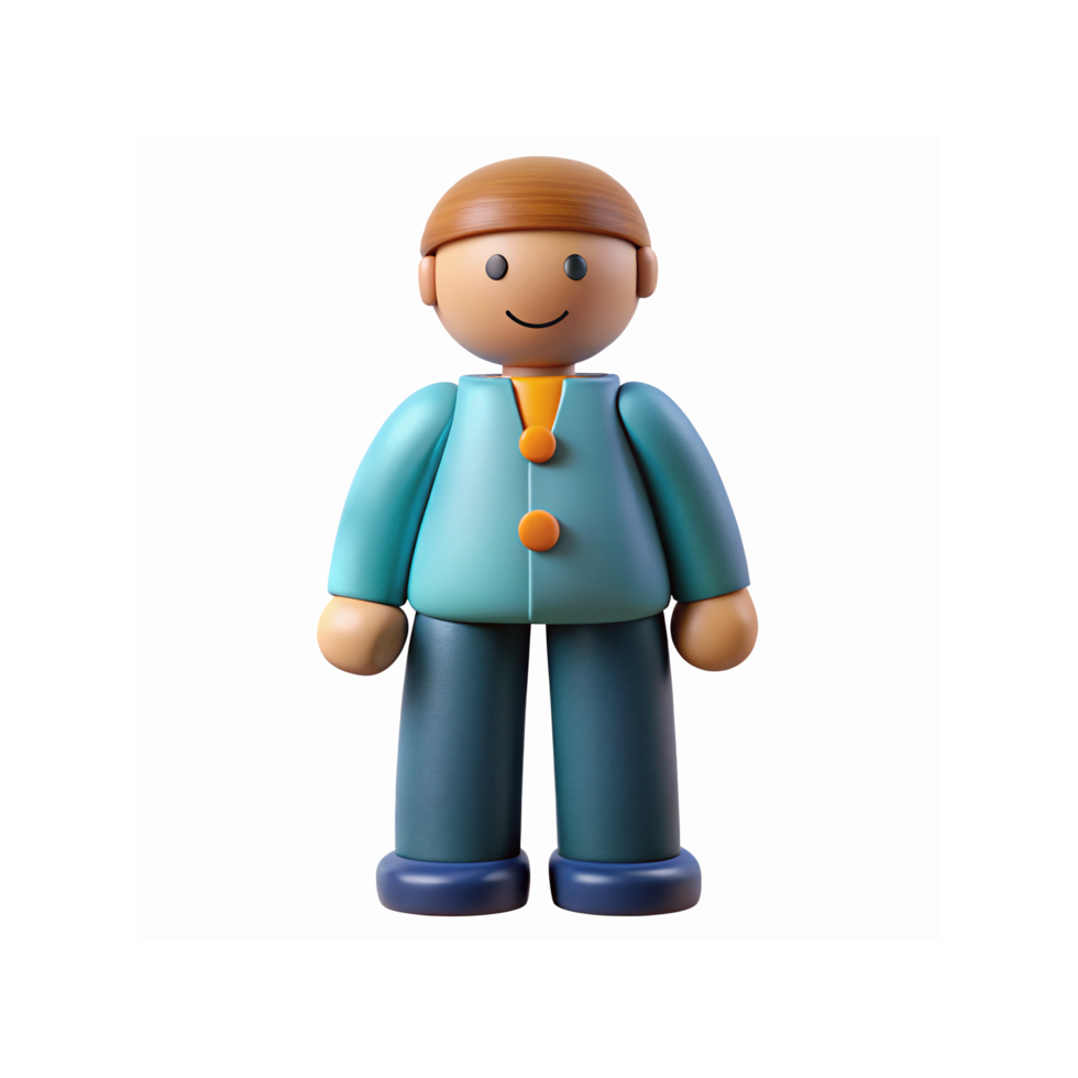 Smiling Toy Figure With Brown Hair Wearing Light Blue Jacket And Dark Blue Pants On Transparent Background png