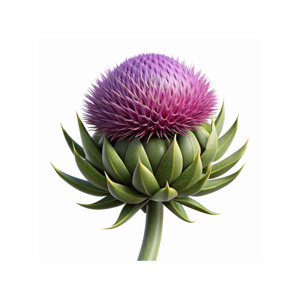 Closeup of Purple Thistle Bloom with Green Spiky Leaves on Transparent Background for Botanical Design png