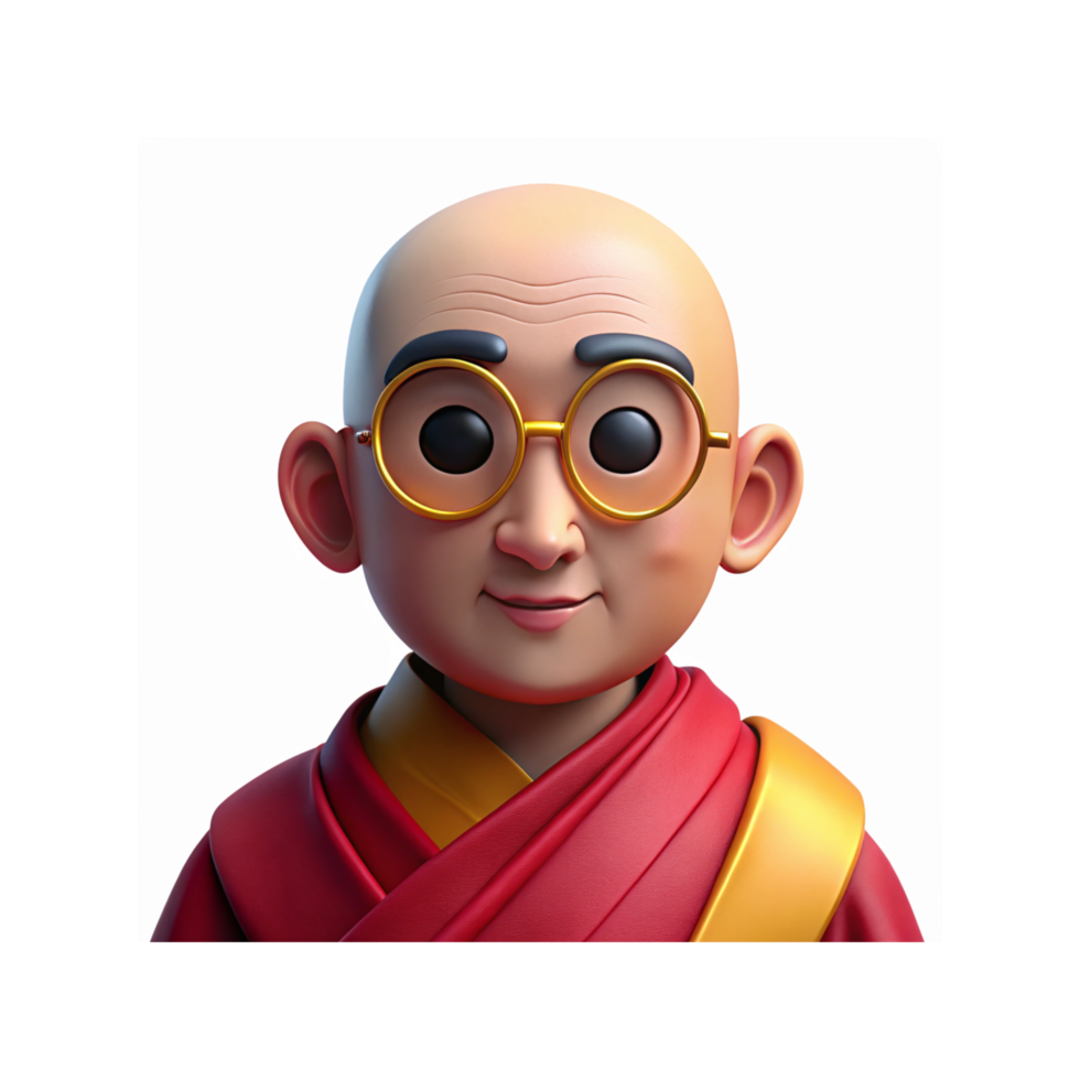 Smiling Bald Monk Character in Red and Yellow Robe with Gold Glasses on Transparent Background png