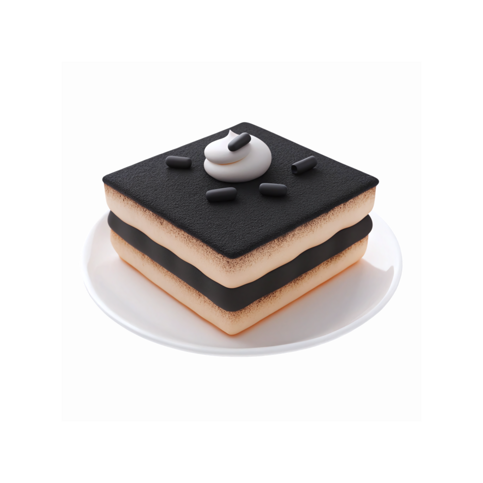 Square Black and White Layered Dessert with Cream Topping and Licorice on White Plate png