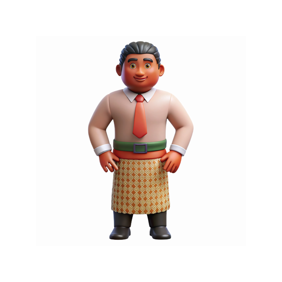 Smiling Male Character in Traditional Patterned Sarong with Shirt and Tie on Transparent Background png