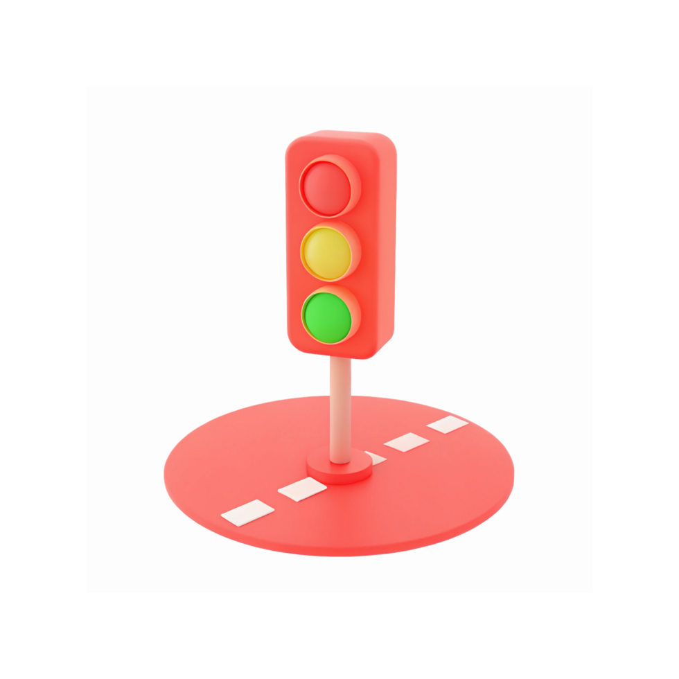 Red 3D Traffic Light with Green Yellow and Red Signals on Circular Pedestal for Road Safety Education png