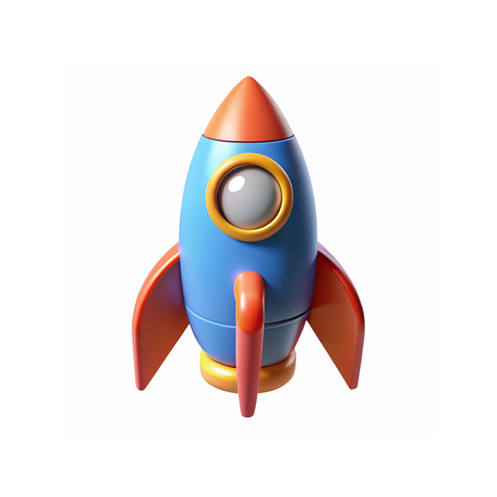 Vibrant Blue And Orange Cartoon Rocket Toy With Yellow Details On Transparent Background For Creative Design png