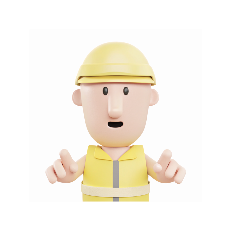 3D Illustration of Surprised Construction Worker in Yellow Safety Gear with Hands Pointing on Transparent Background png