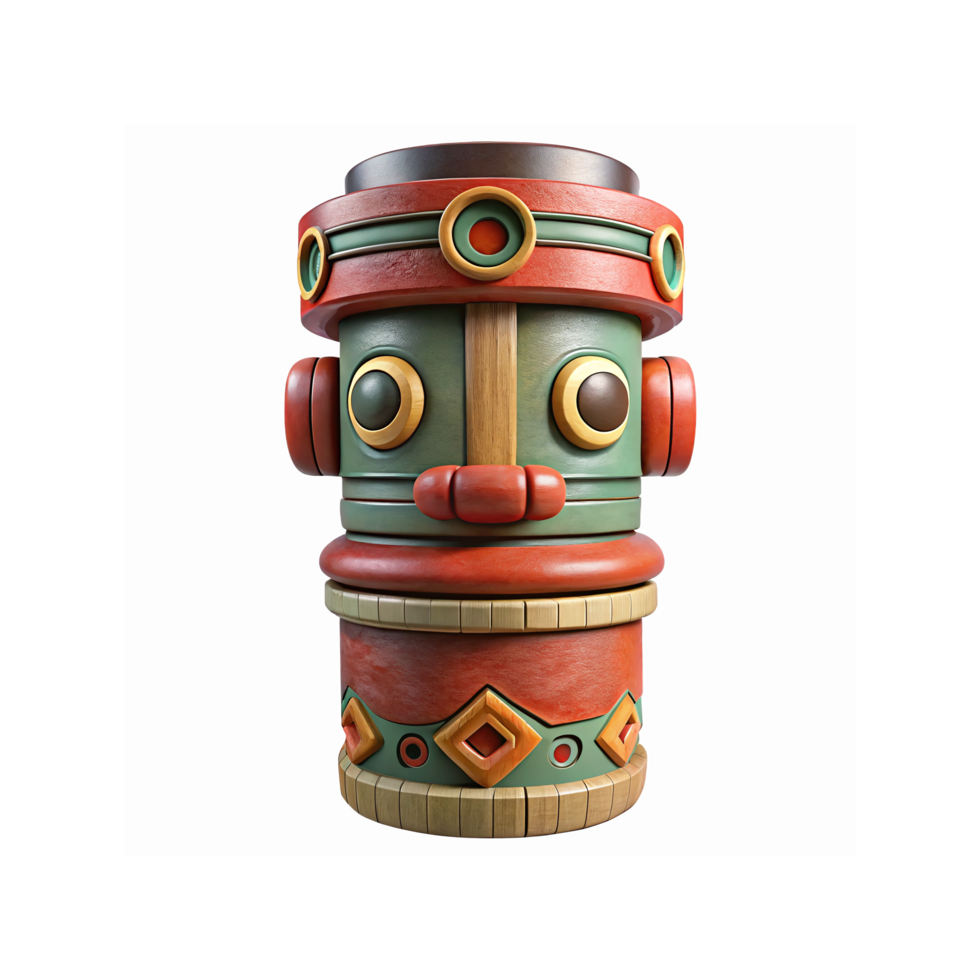 Colorful Aztec Inspired Wooden Totem Object with Geometric Patterns and Tribal Design on Transparent Background png