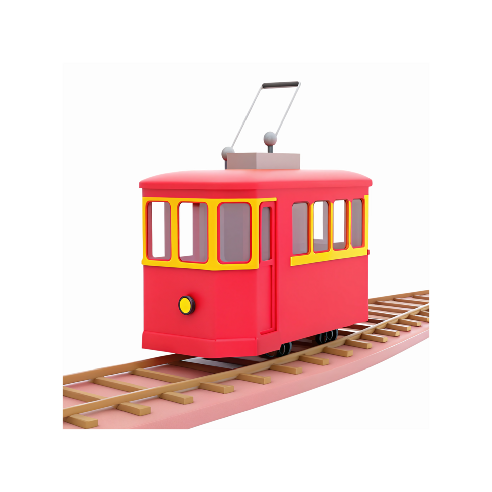 Red Vintage Tram On Railway Track With Yellow Accents And Minimalistic Design For Transport Concepts png