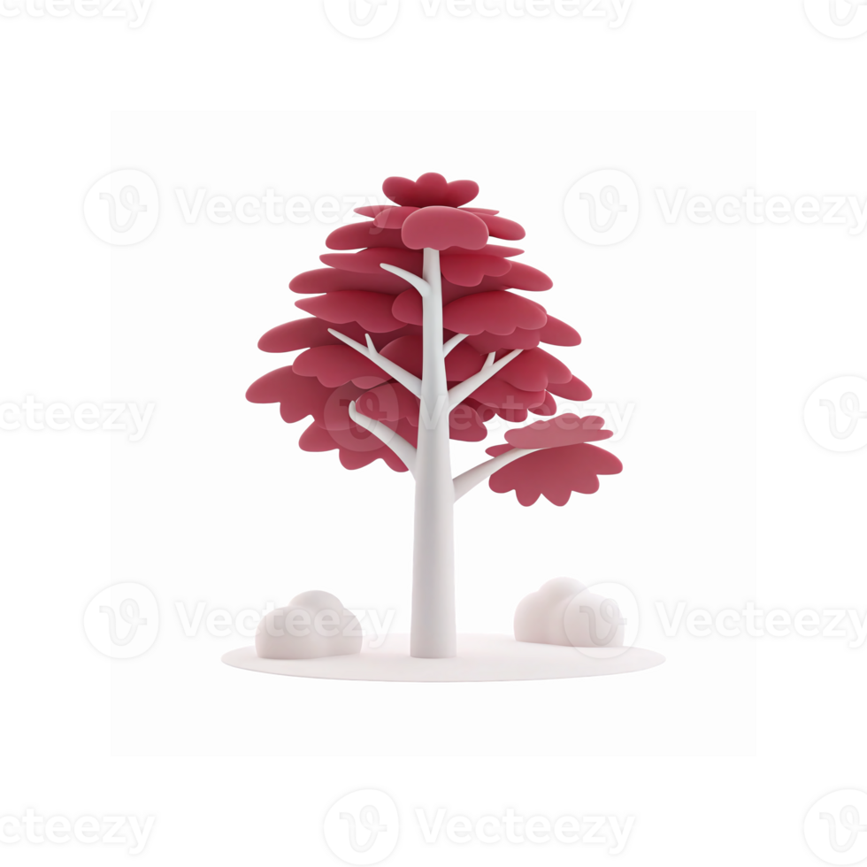 Minimalist Abstract Red Tree Design with White Trunk and Bushes on Transparent Background png