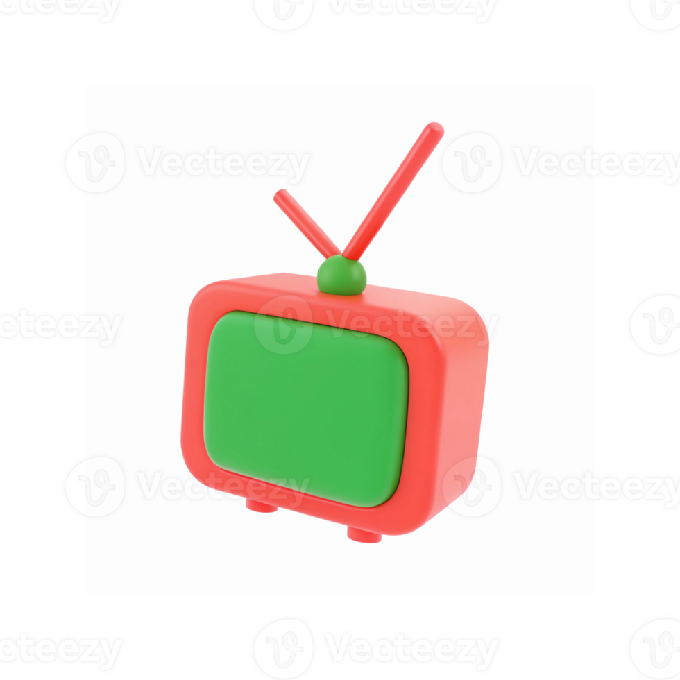 Retro Red Green Television Icon with Antennas Minimal 3D Render on Transparent Background png