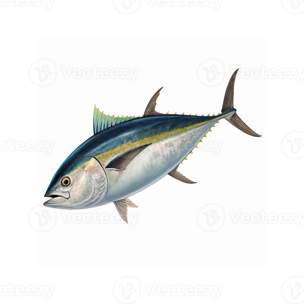Detailed Illustration of Yellowfin Tuna Fish with Blue and Yellow Accents on Transparent Background png