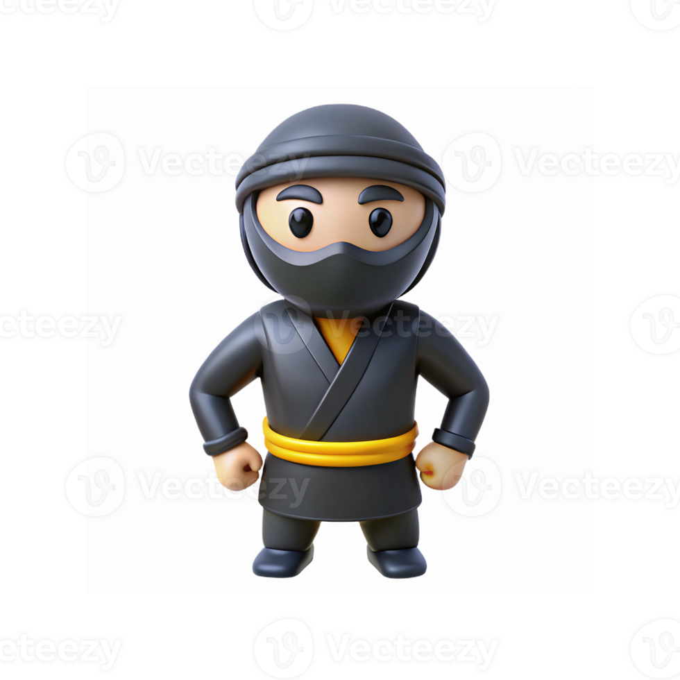 Cartoon Ninja Character in Black Outfit with Yellow Belt on Transparent Background for Fun Concepts png