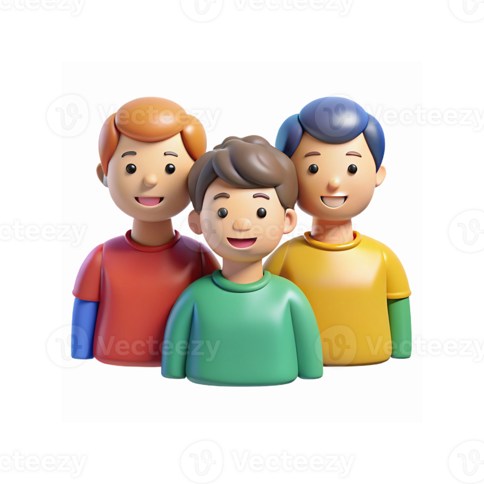 3D Illustration Three Smiling Cartoon Boys Wearing Colorful Shirts Friendship Unity Concept Art png