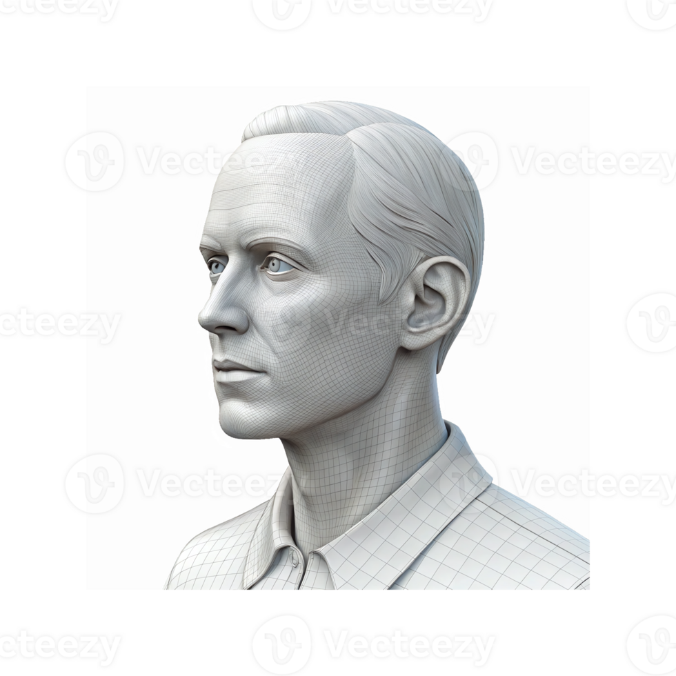 White Wireframe 3D Face Model of Adult Male Side View with Neutral Expression and Detailed Features png