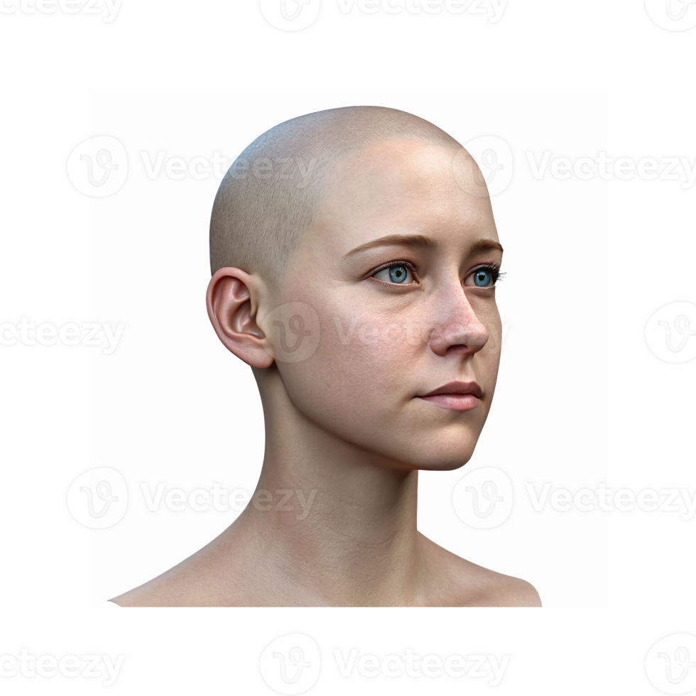 Realistic 3D Render Bald Woman Side Profile Face with Blue Eyes and Natural Skin Details png