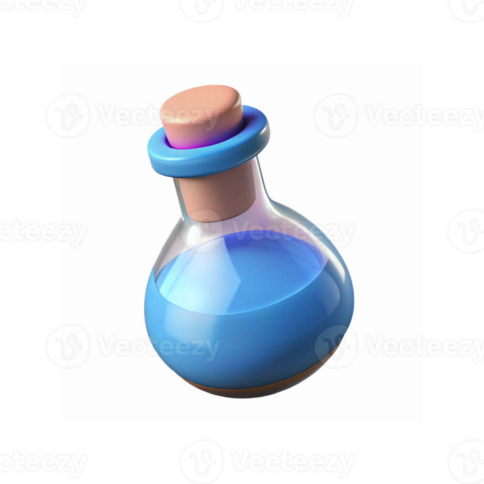 Blue Liquid Potion Inside Round Glass Bottle with Cork Stopper for Fantasy Gaming or Science Concepts png