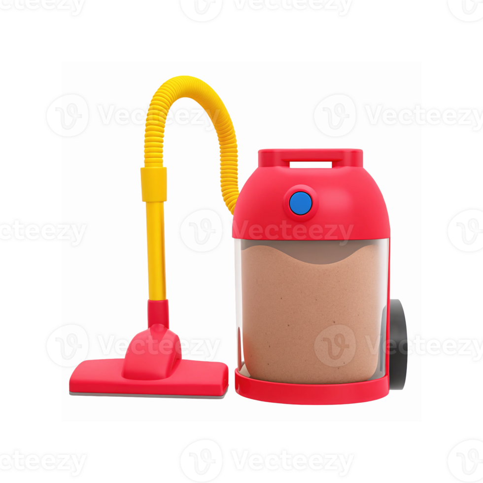 Bright Red and Yellow Toy Vacuum Cleaner with Transparent Dust Container and Flexible Hose for Kids Play png