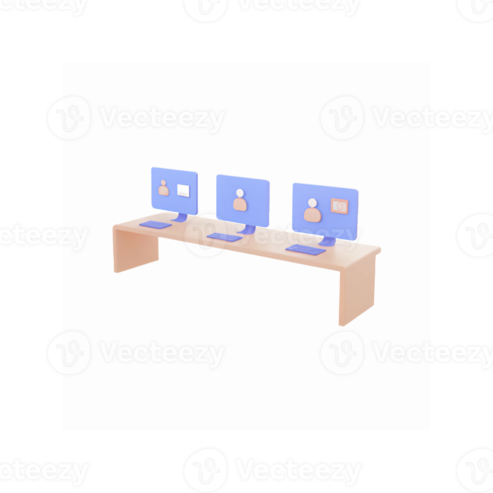 Minimalist Digital Workspace with Beige Desk and Blue Computer Screens Featuring User Avatars png