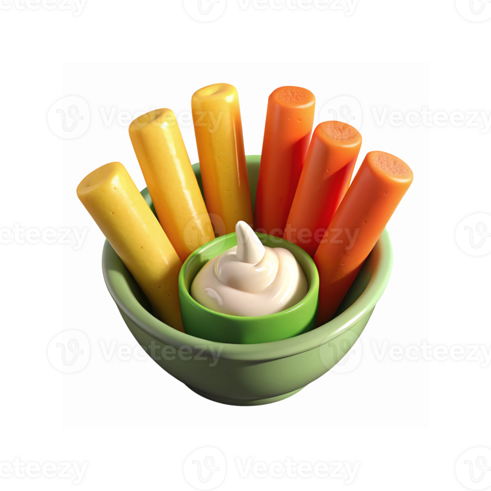 Green Bowl with Carrot and Cheese Sticks and Dip in Green Cup for Healthy Snacking or Appetizers png