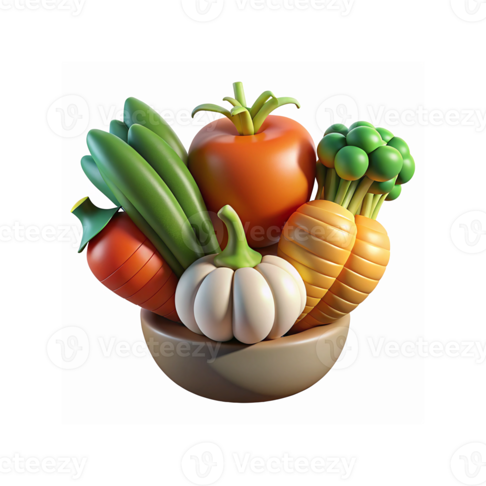 Fresh Vibrant Vegetables in Bowl Featuring Tomato Pumpkin Zucchini Broccoli Carrots Artistic 3D Illustration png