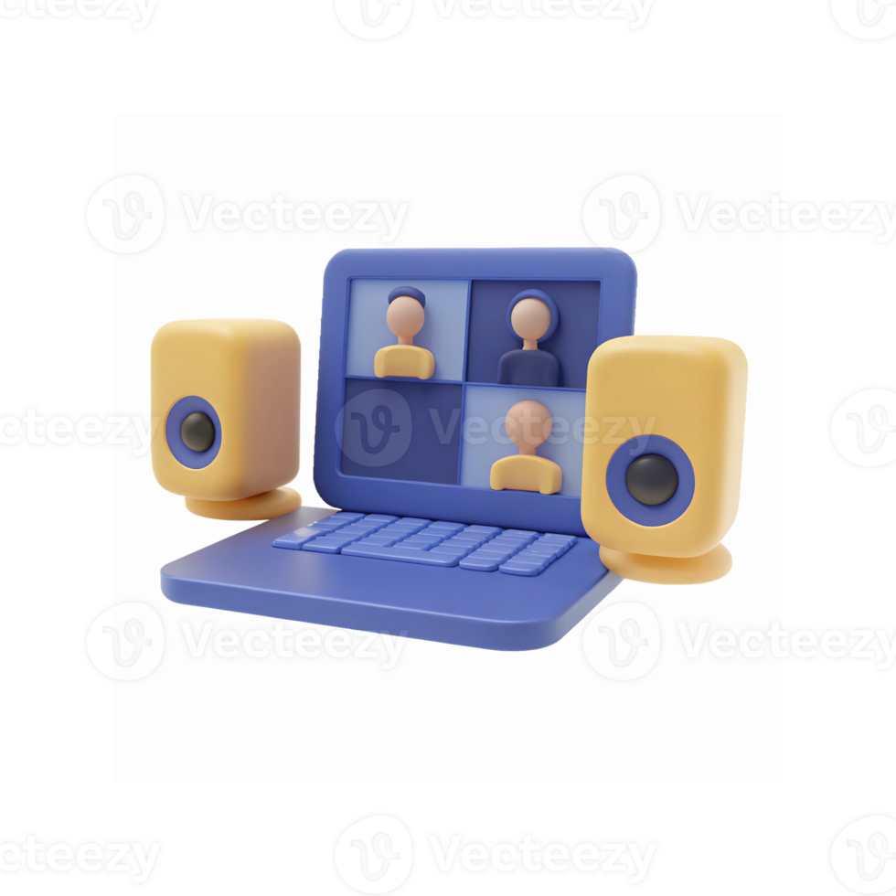 3D Illustration of Conference on Blue Laptop with Yellow Speakers for Remote Work and Communication png