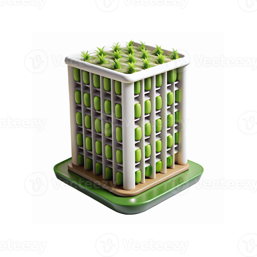Modern Vertical Farming Building with Green Plants and White Framework for Sustainable Agriculture Solutions png