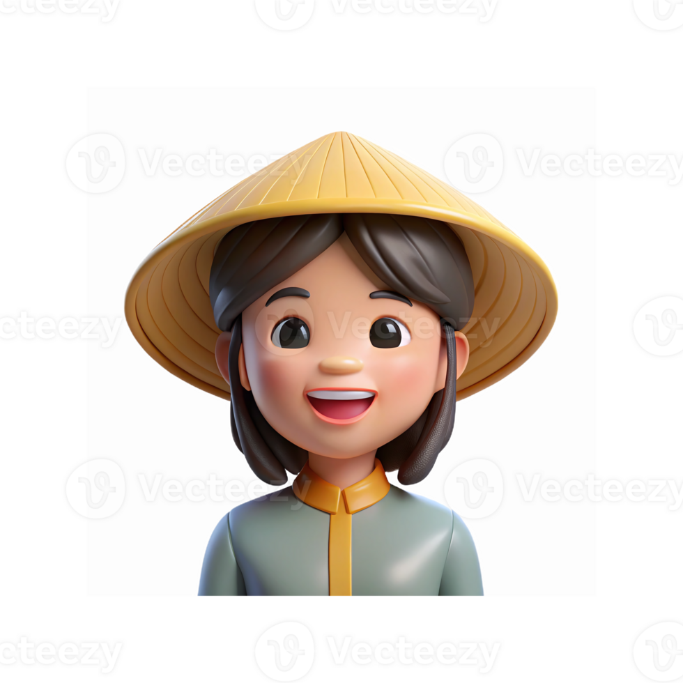 Smiling Cartoon Character Girl with Traditional Straw Hat in Green Outfit on Transparent Background png