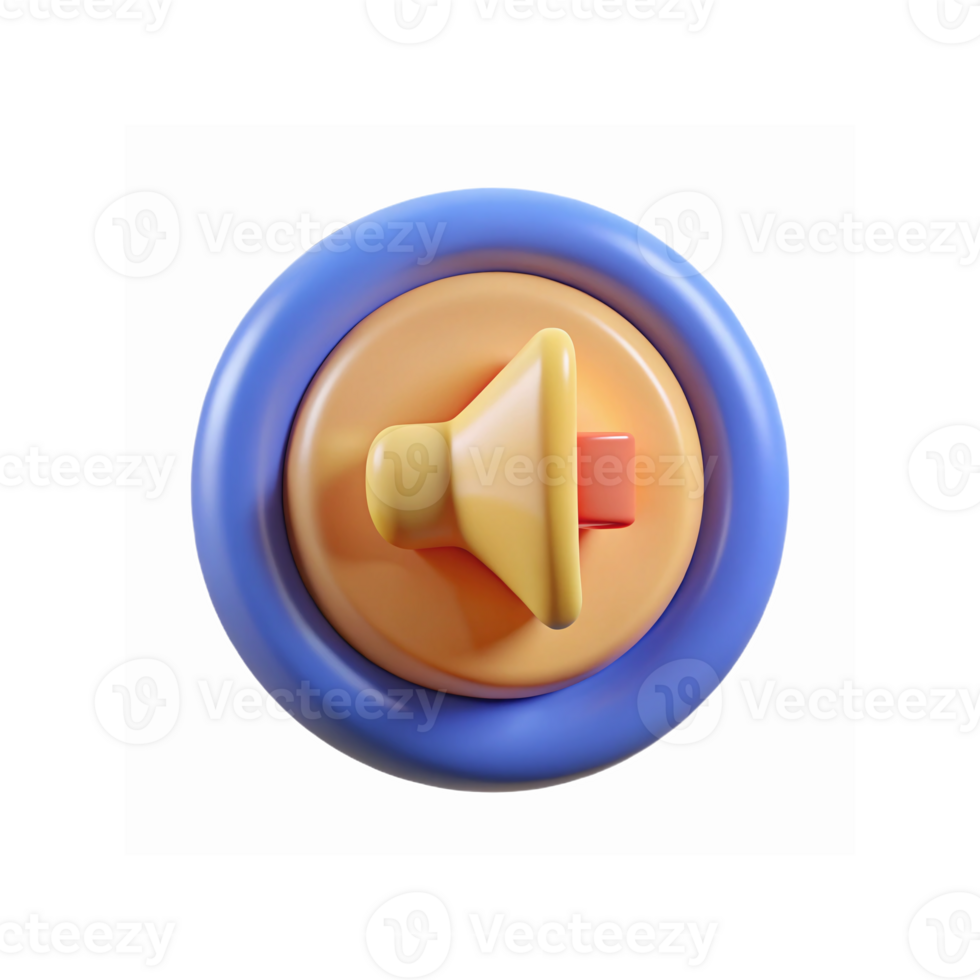 3D Illustration of Blue Circular Button with Orange and Yellow Megaphone Icon for Sound Notification png