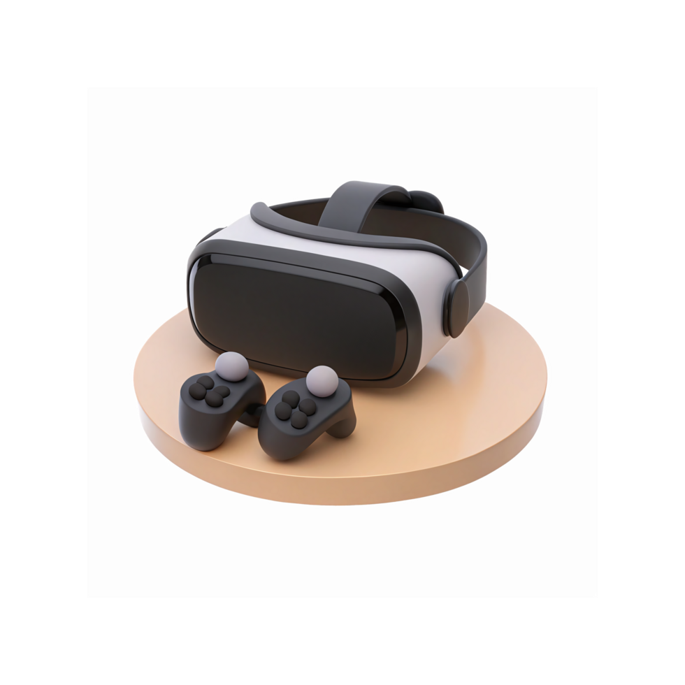 Virtual Reality Headset with Controllers on Beige Pedestal for Gaming and Technology Concepts png