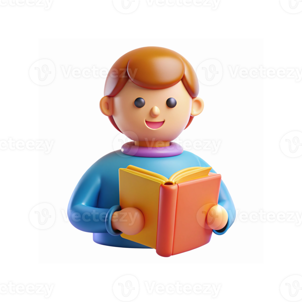 3D Illustration of Smiling Child Reading an Orange Book in Blue Sweater with Transparent Background png