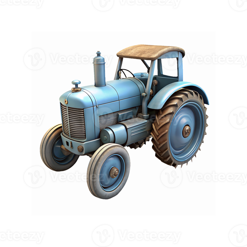Vintage Blue Farming Tractor with Weathered Upholstery and Large Rubber Tires on Transparent Background png