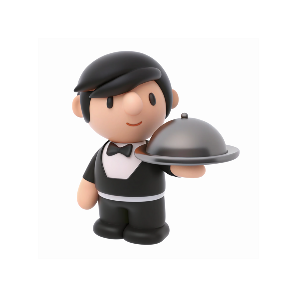 3D Illustration of Cartoon Waiter in Black Uniform Holding Food Tray with Silver Dome Lid png