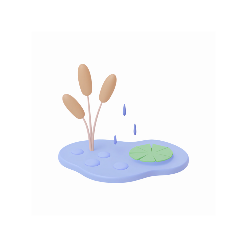 Minimalist Cartoon Style Pond Illustration with Cattails Lilypad and Water Droplets on Transparent Background png