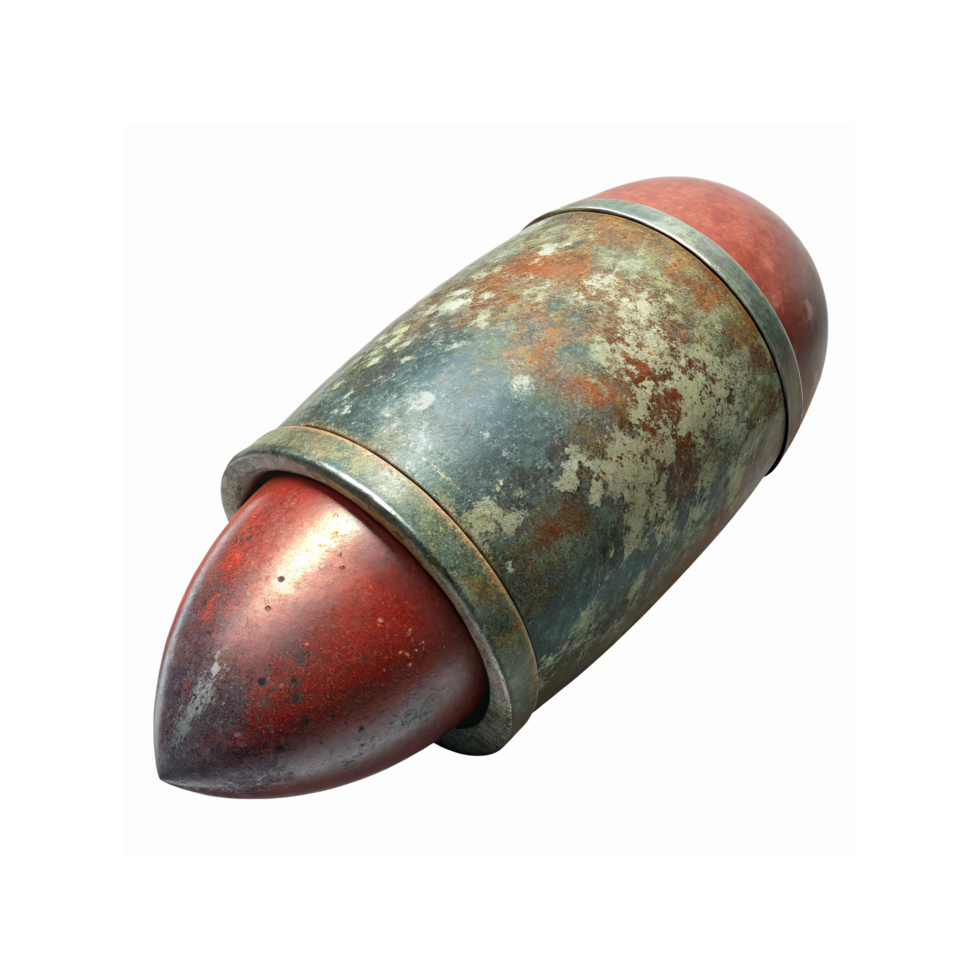 Rusty Metallic Bullet Shaped Object with Oxidized Surface and Red Rounded Tip on Transparent Background png